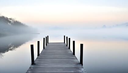 Fototapeta premium Tranquil lakeside wooden boardwalk in misty morning light.