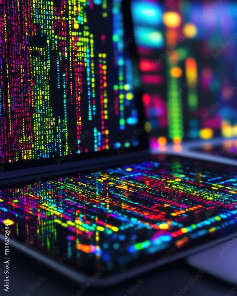 Poster close-up of a laptop screen displaying vibrant and colorful binary code, showcasing digital technolo