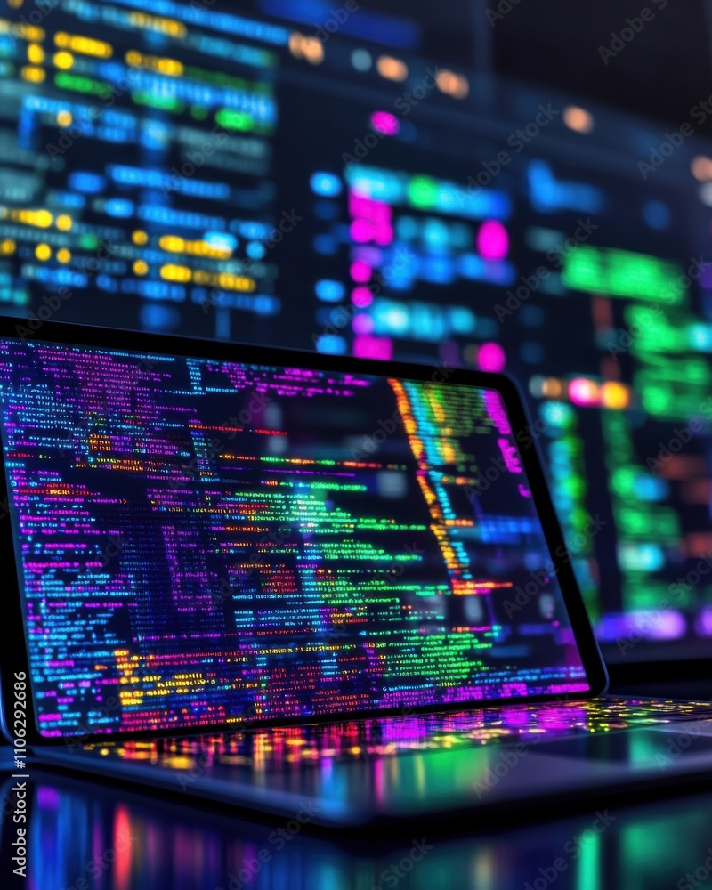 Poster a close-up of a laptop displaying colorful code, capturing the essence of modern technology and prog