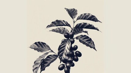 Obraz premium Monochrome close-up of coffee plant branch with ripe berries and leaves.