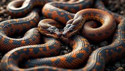 Two Exotic Snakes Intimately Intertwined Against Dark Natural Background