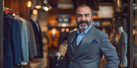 Portrait of the owner of a clothing store at the entrance of the new business with the tablet in hand to analyze the sales, new orders to be sent and check the stocks