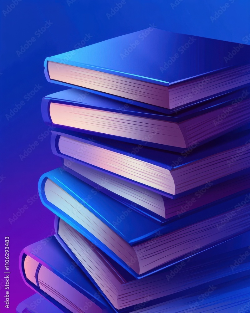 Poster a stack of vibrant blue books against a gradient background, creating a tranquil and inviting atmosp