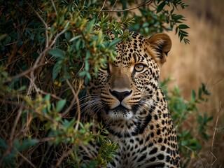 Naklejka premium Leopard hiding in a bush in Masai Mara, Kenya.