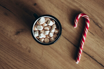 Top view of delicious Christmas cocoa with marshmallow on wooden table.