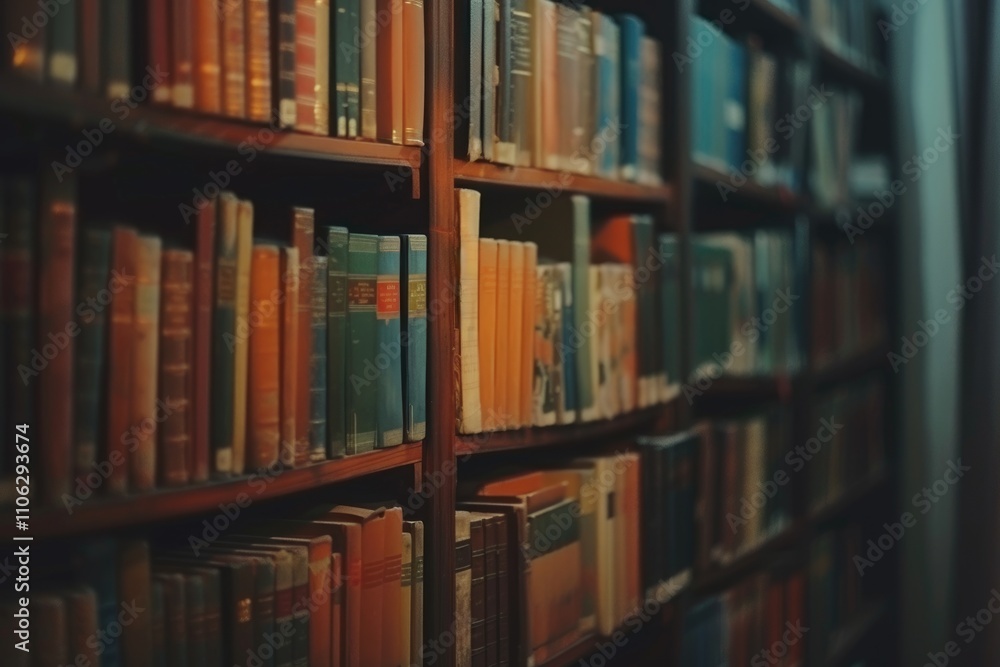 Poster bookshelf with many books blurred background space for text.
