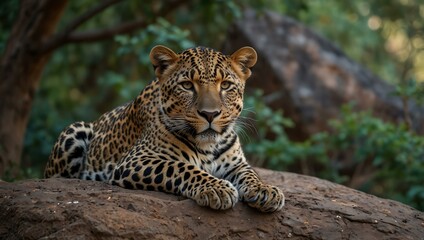 Obraz premium Leopard resting on a rock.