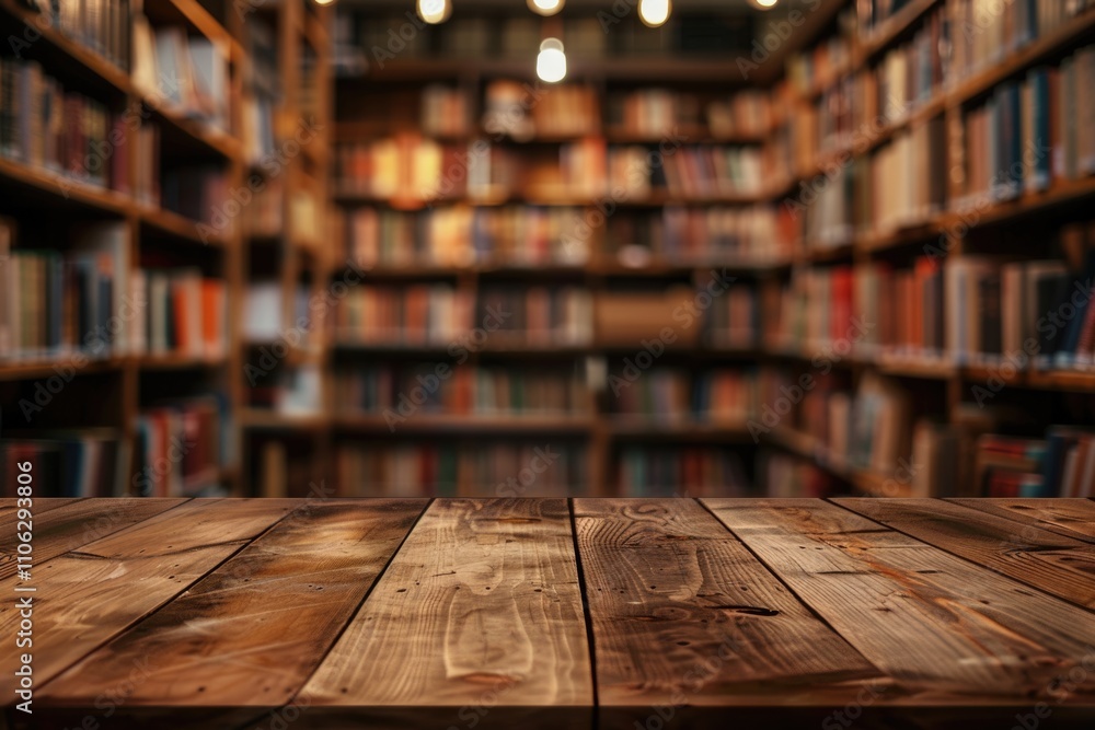 Poster wood table on modern library background for product display.