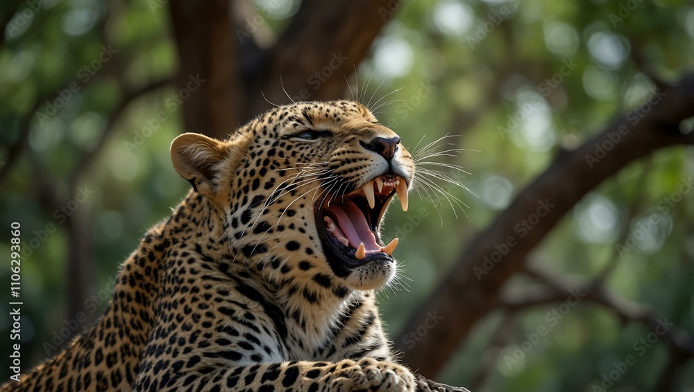 Poster leopard yawning on a tree branch.
