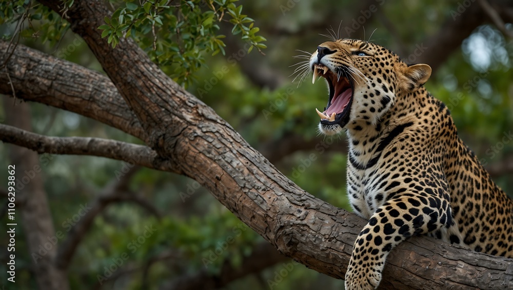 Poster leopard yawning on a tree branch.