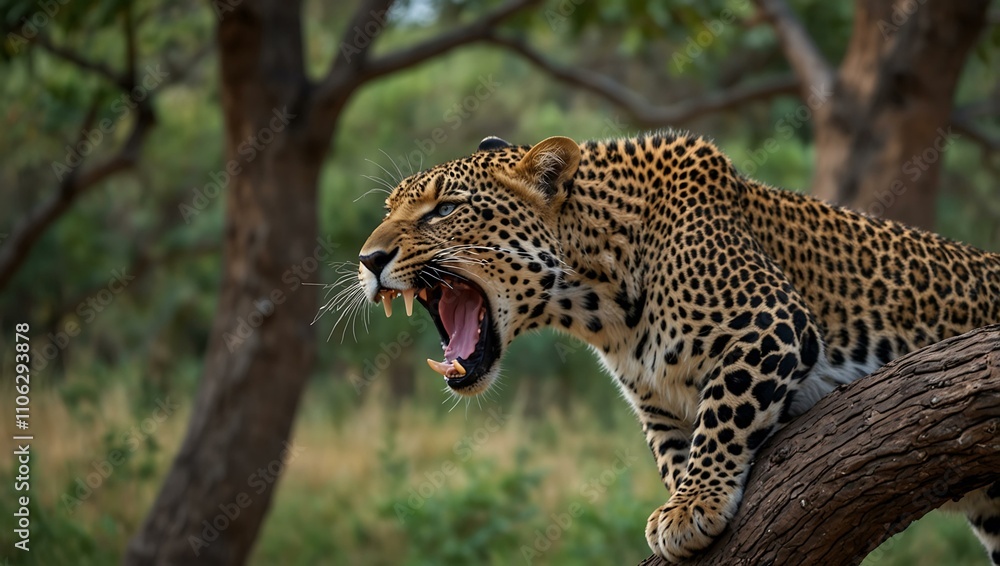 Poster leopard yawning on a tree branch.