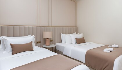 Elegant and comfortable twin bed bedroom in Dubai hotel with modern minimal design and warm hues.