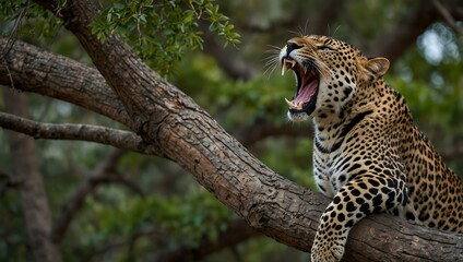 Fototapeta premium Leopard yawning on a tree branch.