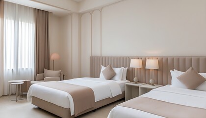 Elegant and comfortable twin bed bedroom in Dubai hotel with modern minimal design and warm hues.