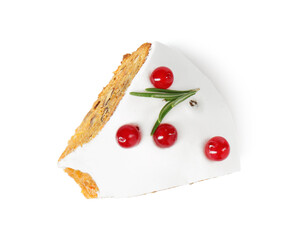 Piece of traditional Christmas cake decorated with red currants and rosemary isolated on white, top view
