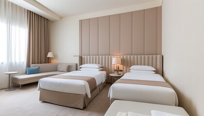 Elegant and comfortable twin bed bedroom in Dubai hotel with modern minimal design and warm hues.