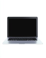A sleek silver laptop with a black screen, sitting on a clean white background, evoking modern technology and minimalism.