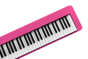 Pink synthesizer isolated on white, top view. Electronic musical instrument