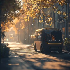 Obraz premium Autonomous electric vehicle driving through autumn streets urban setting digital art vibrant colors futuristic design