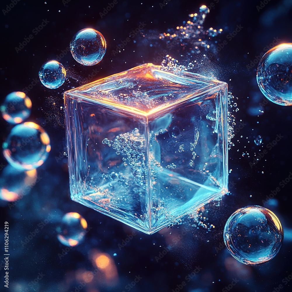 Poster bubbles rising around a transparent ice cube underwater scene digital art abstract close-up visual c