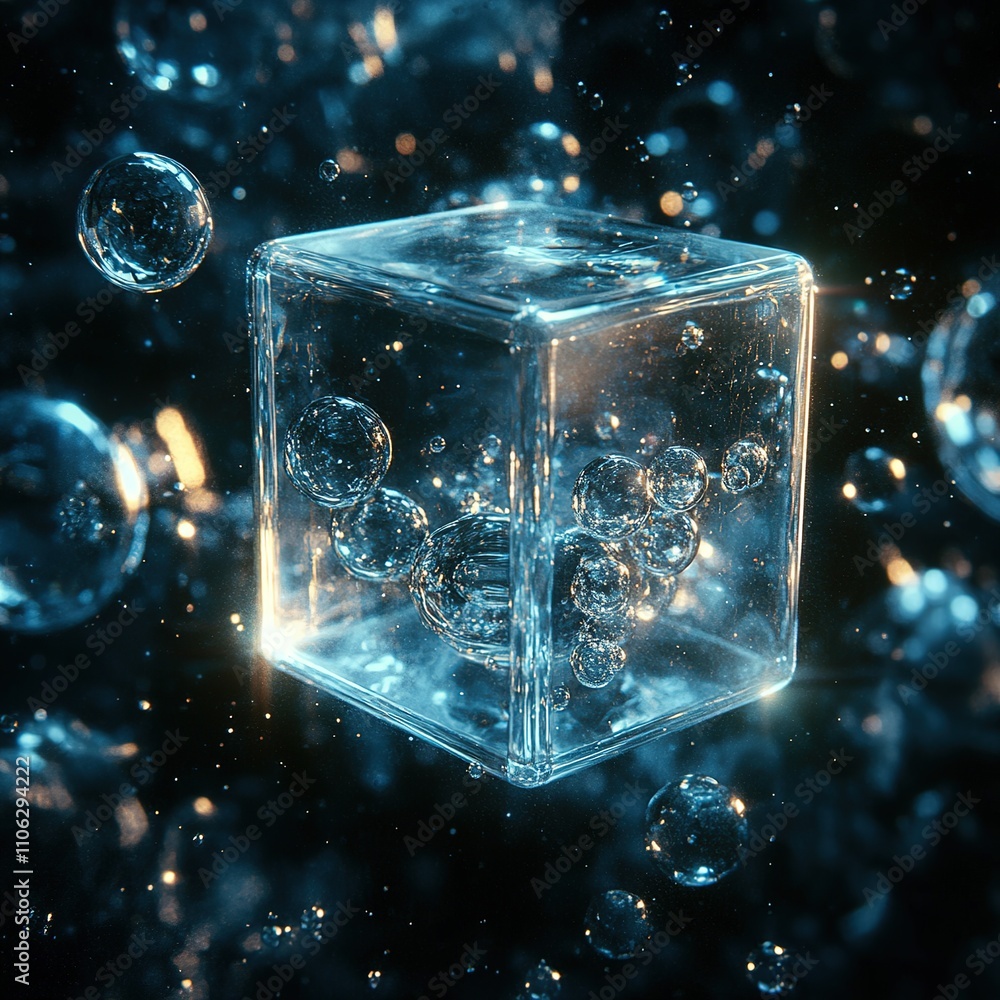 Poster bubbles rising around a crystal cube underwater abstract art dark environment macro view science con