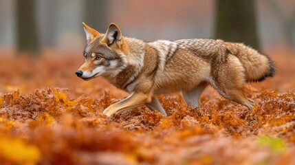 Obraz premium Red wolf walking through autumn leaves.
