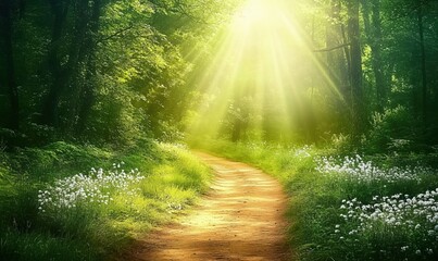 Fototapeta premium Sunlit forest path, vibrant greenery, soft sunlight filtering through trees, lush foliage, white wildflowers lining trail
