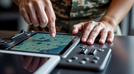 Military Strategist Analyzing Map on Digital Tablet. Tactical Planning, Intelligence Gathering, and Modern Warfare Concept.