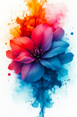 Vibrant, colorful flower blooms against a white background, surrounded by splashes of vibrant paint. The overall image is dynamic and expressive, capturing the beauty and energy of nature.
