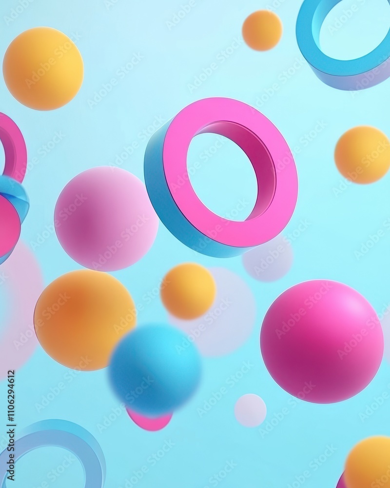 Aufkleber colorful 3d spheres and rings floating in a bright, playful setting, creating a modern and dynamic a