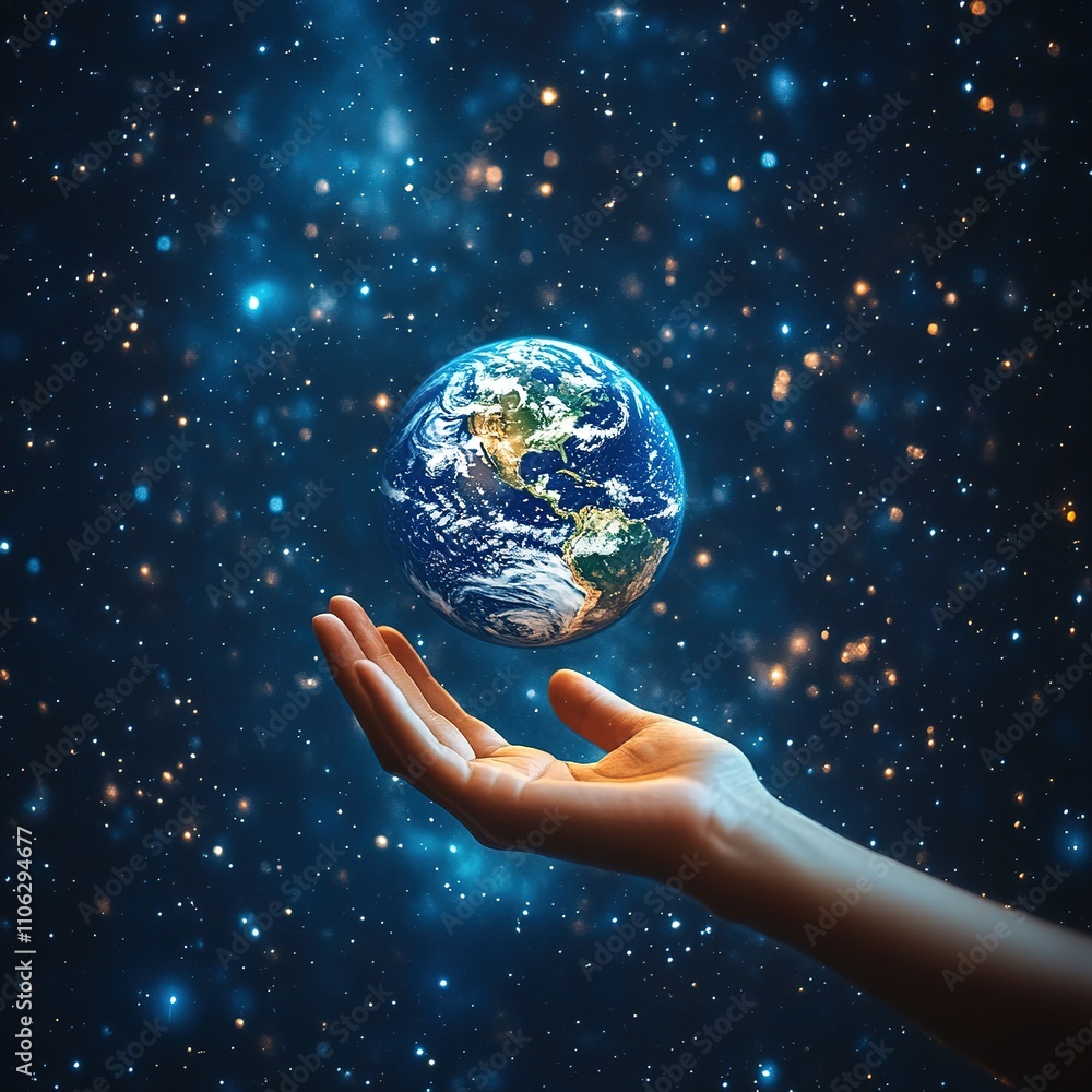 Poster cosmic action of earth in hand outer space digital art cosmic environment close-up view unity concep