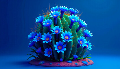 Bright cactus with a bunch of blooming blue flowers sits on a sandy base on a deep blue background. 3D style, with a glossy finish and intricate details on the flowers and thorns. Generative AI.