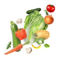 Different fresh vegetables in air on white background