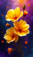 Bright bouquet of yellow flowers, filled with a warm, unearthly glow, stands out against a dark starry background. The impression of beauty, tranquility and a touch of magic. Generative AI.