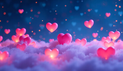 Background with pink, shining hearts scattered on a fluffy, cloud-like surface. The background is a dark blue sky with sparkling lights, which adds to the romantic atmosphere. Generative AI.