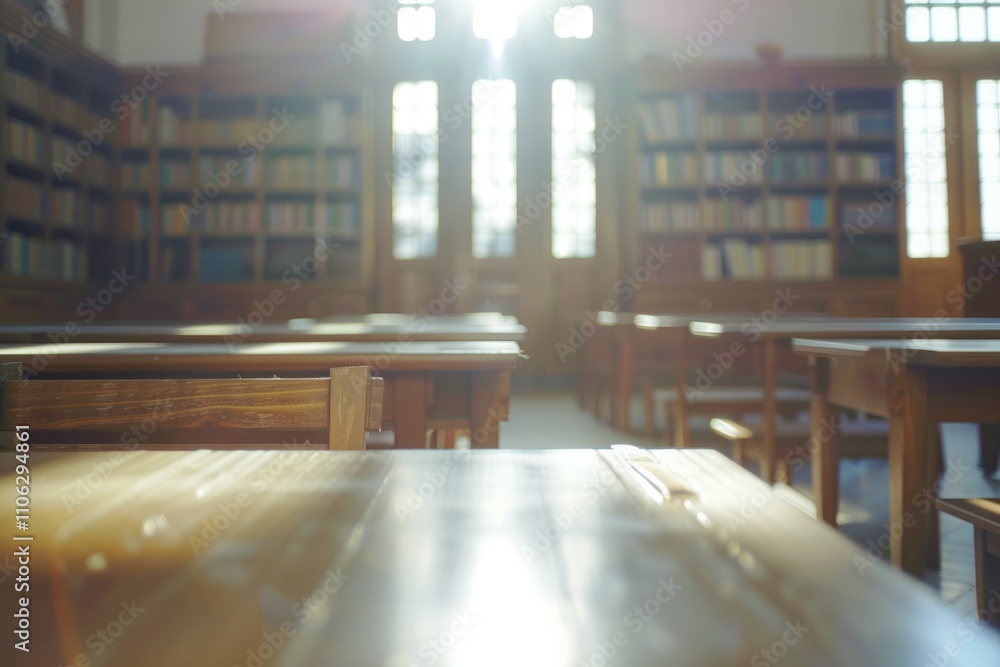 Poster blurry library and classroom background with vast resources.