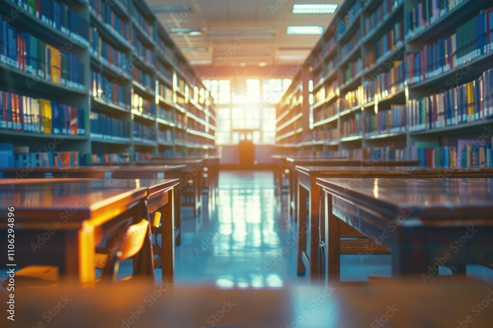 Poster blurry library and classroom background with vast resources.