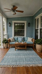 Light blue Cape Cod porch with ceiling fans and outdoor rug.