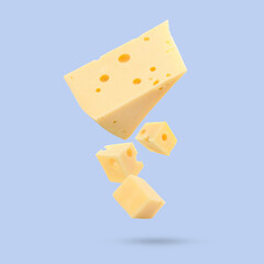 Piece of fresh cheese falling on light blue background