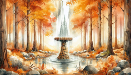 stone water fountain and trees in forest