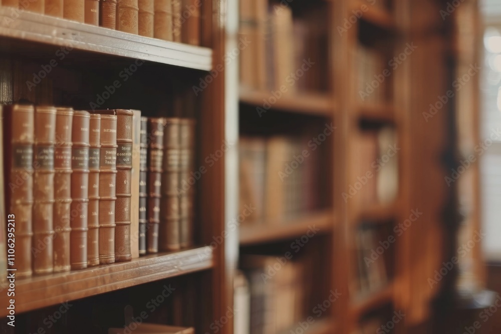 Poster blurred bookshelf in library room for your background design