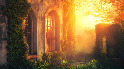 A forgotten facade, overgrown with verdant vines, bathed in the warm glow of a golden sunset, whispers tales of a bygone era. Verdant. Illustration