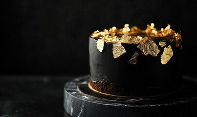 Elegant black cake adorned with gold leaves, rich chocolate flavor, luxurious presentation, perfect for celebrations