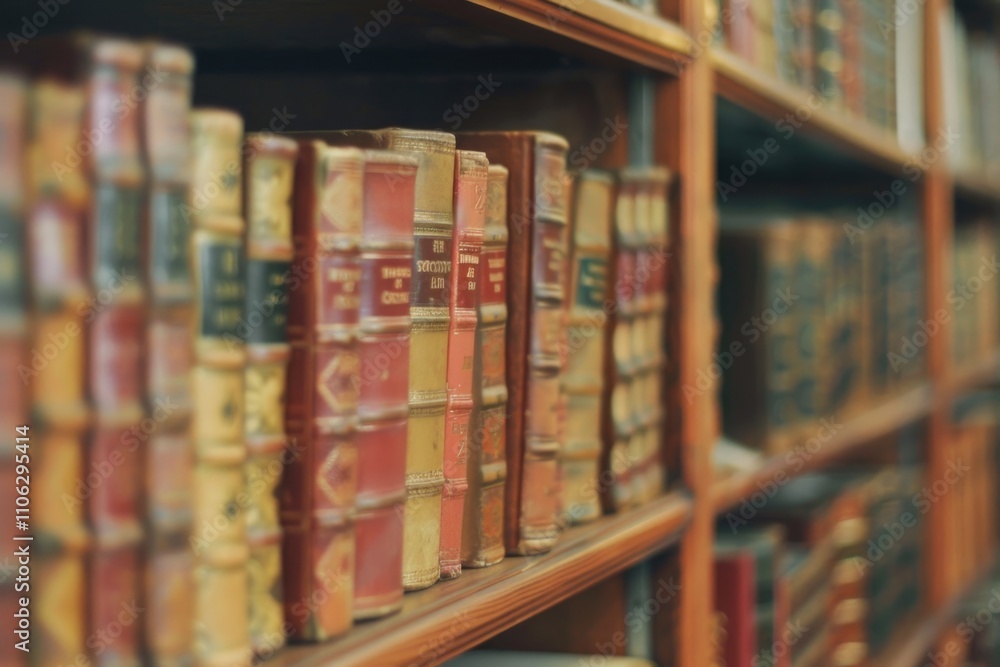 Poster blurred bookshelf background with many books in library.