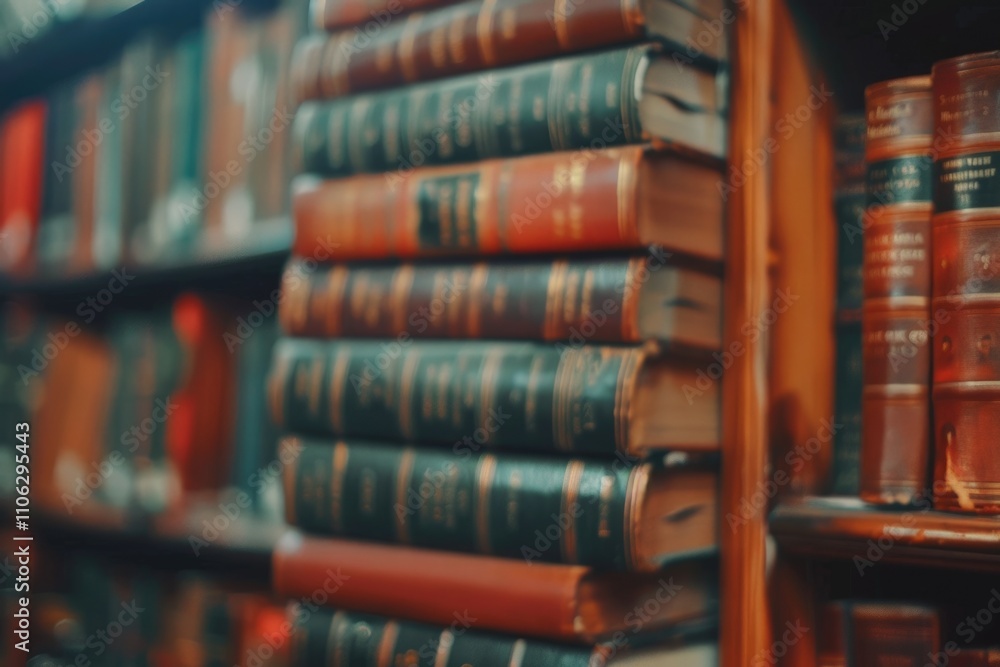 Poster blurred bookshelf background with many books in library.
