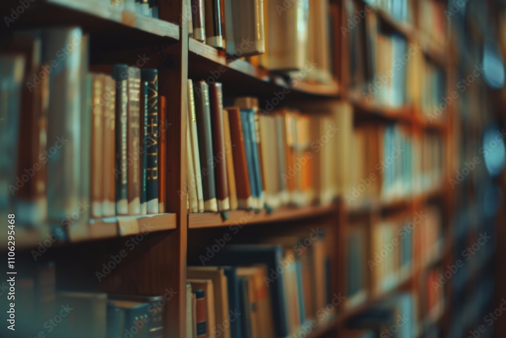 Poster blurred bookshelf background with many books in library.