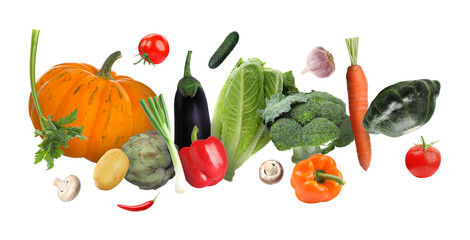 Different fresh vegetables in air on white background