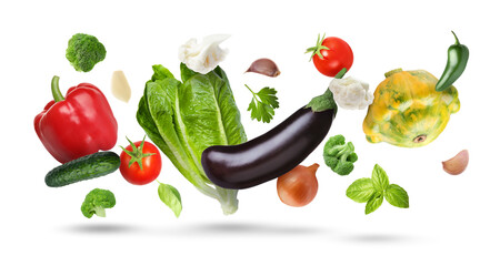 Different fresh vegetables in air on white background