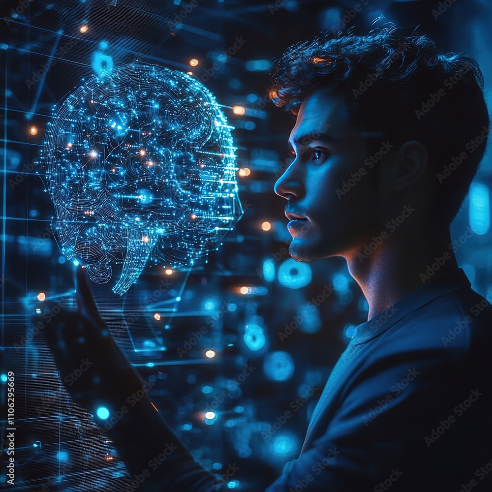 Poster artificial intelligence exploration virtual environment digital art tech innovation futuristic view 