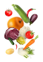 Different fresh vegetables in air on white background